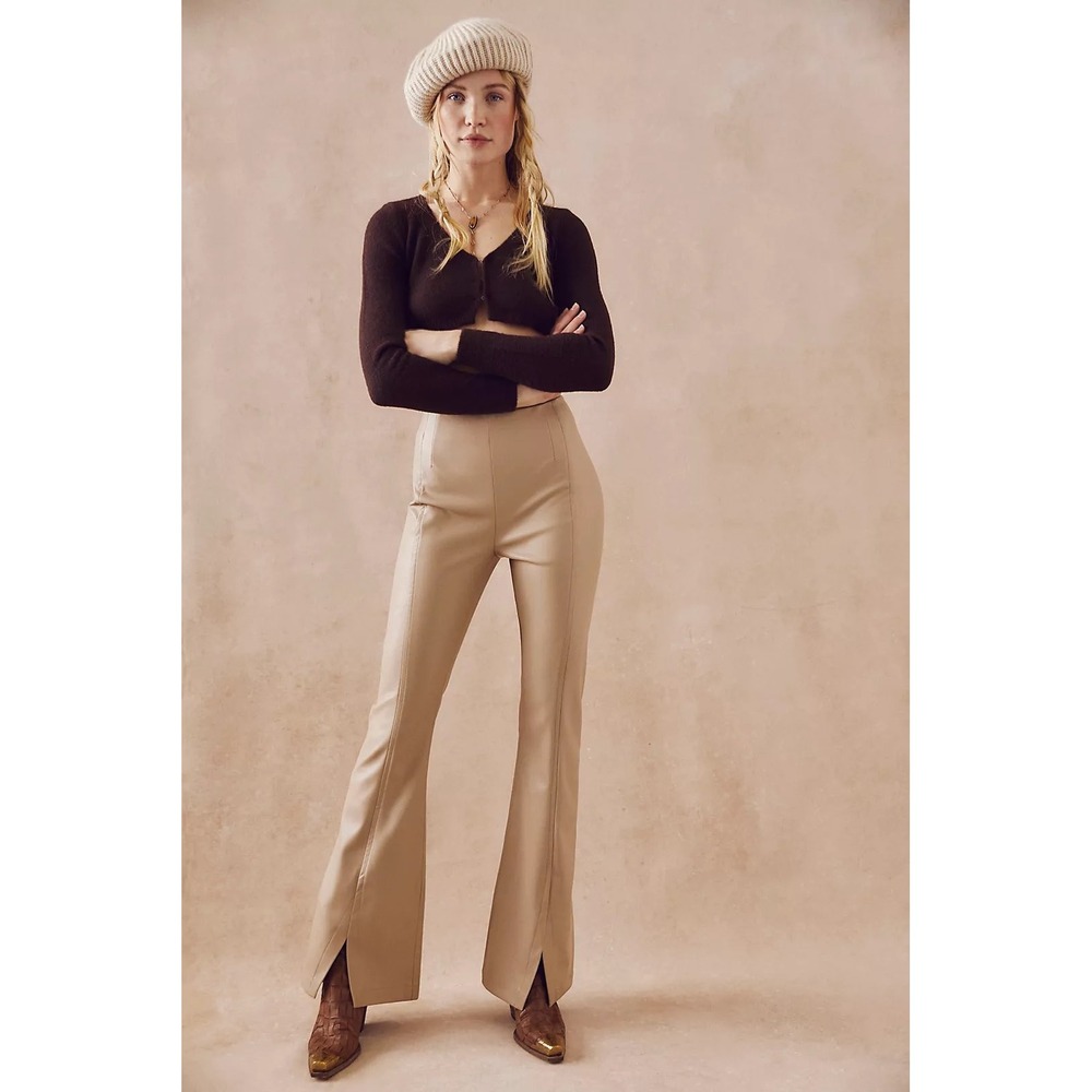 We The Free Free People Twenty Four Faux Leather Flare Pants Tan Split Hem 24